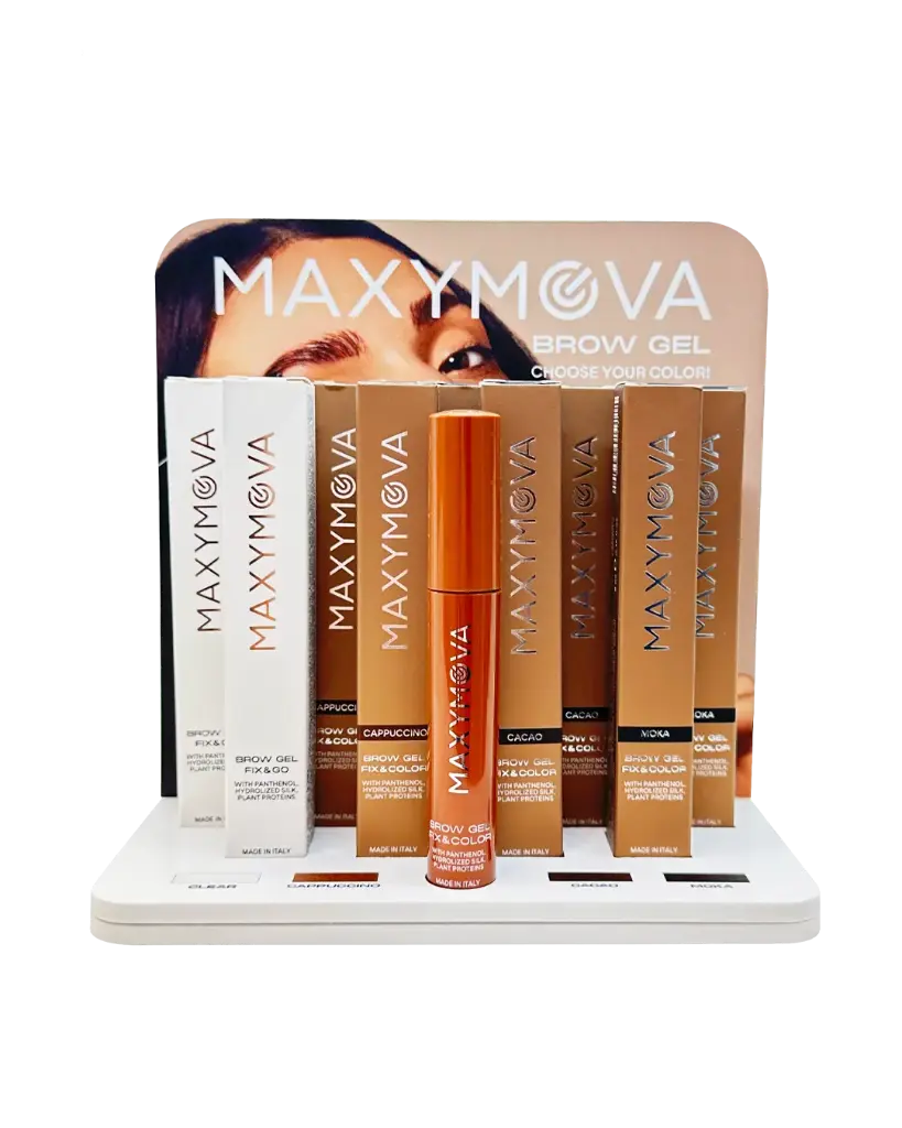 [M0281] Espositore per Brow Gel per Sopracciglia Fix&Go, Fix&Color – Organizer da Salone da 9 Scomparti + Tester, MAXYMOVA