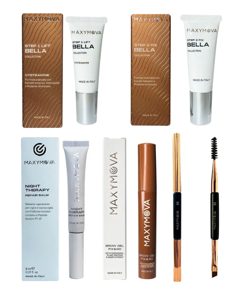 Kit Laminazione Sopracciglia con Cisteamina Step 1 e Step 2, Repair Balm e Gel Fix&Go Trasparente – Set Completo per Laminazione delle Sopracciglia fino a 25 Trattamenti